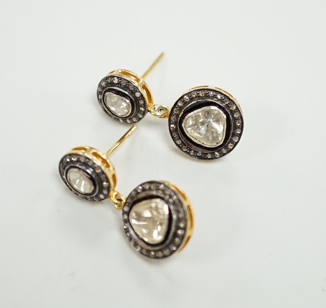 A pair of Indian? yellow metal, flat and rose cut diamond cluster set drop earrings, 27mm, gross weight 5.7 grams.